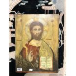 A OIL PAINTING ON WOOD PANEL OF CHRIST THE RIGHTEOUS JUDGE, DATED 1974, 34X46 CMS.