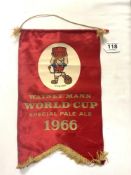 A 1966 RED SILK WATNEY MANNWORLD CUP SPECIAL PALE ALE BANNER 25 X 40 CM