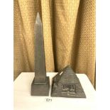 EGYPTOLOGY RESIN OBLISK 42CM AND PYRAMID 15CM