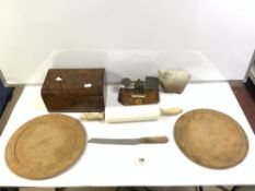 TWO BREADBOARDS AND BREAD KNIFE (NUT BROWN) ROLLING PIN WITH A SET OF BRASS POSTAL SCALES, CERAMIC