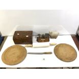 TWO BREADBOARDS AND BREAD KNIFE (NUT BROWN) ROLLING PIN WITH A SET OF BRASS POSTAL SCALES, CERAMIC