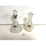 TWO HOBNAIL GLASS DECANTERS ONE WITH HALLMARKED SILVER COLLAR BY MAPPIN AND WEBB BOTH WITH