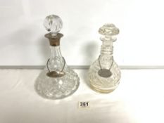 TWO HOBNAIL GLASS DECANTERS ONE WITH HALLMARKED SILVER COLLAR BY MAPPIN AND WEBB BOTH WITH