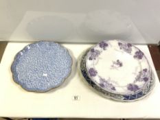 A COPELAND SPODE BLUE AND WHITE CIRCULAR CABARET TRAY AND 6 VARIOUS MEAT PLATES INCLUDING MASONS AND