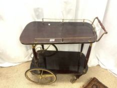 A TWO TIER RETRO WAGON DESIGN DRINKS TROLLEY, WITH BRASS GALLERY.