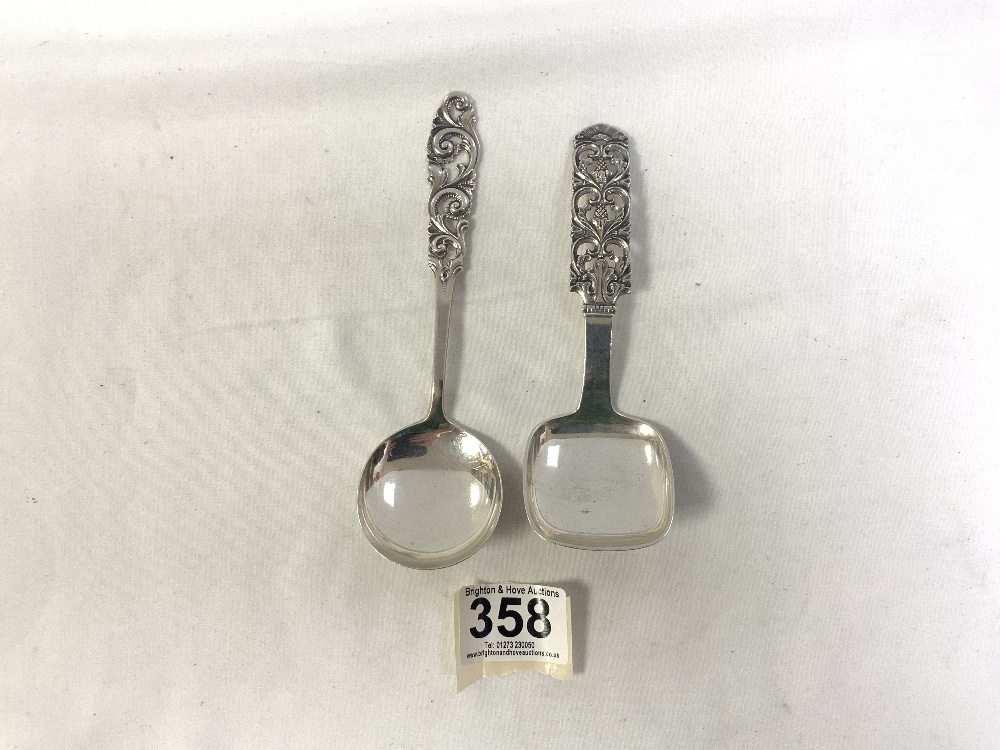 TWO NORWEGIAN 830 SILVER CADDY SPOONS WITH PIERCED TERMINALS, THE LARGEST 16CMS, 67 GRAMS