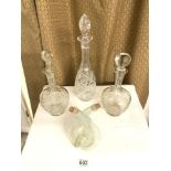 THREE CUTGLASS DECANTERS WITH A OIL AND VINIGER BOTTLE FROM BIOT GLASS