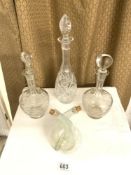 THREE CUTGLASS DECANTERS WITH A OIL AND VINIGER BOTTLE FROM BIOT GLASS