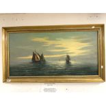 A TWENTIETH CENTURY OIL ON CANVAS OF SAILING BOATS AT SUNSET, SIGNED A DEBEUF, 98X48.