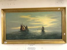 A TWENTIETH CENTURY OIL ON CANVAS OF SAILING BOATS AT SUNSET, SIGNED A DEBEUF, 98X48.