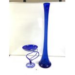 TALL BRISTOL BLUE GLASS VASE - HANDMADE IN POLAND, 80CMS, AND A BLUE ART GLASS COMPORT