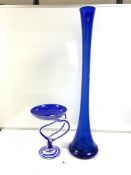 TALL BRISTOL BLUE GLASS VASE - HANDMADE IN POLAND, 80CMS, AND A BLUE ART GLASS COMPORT