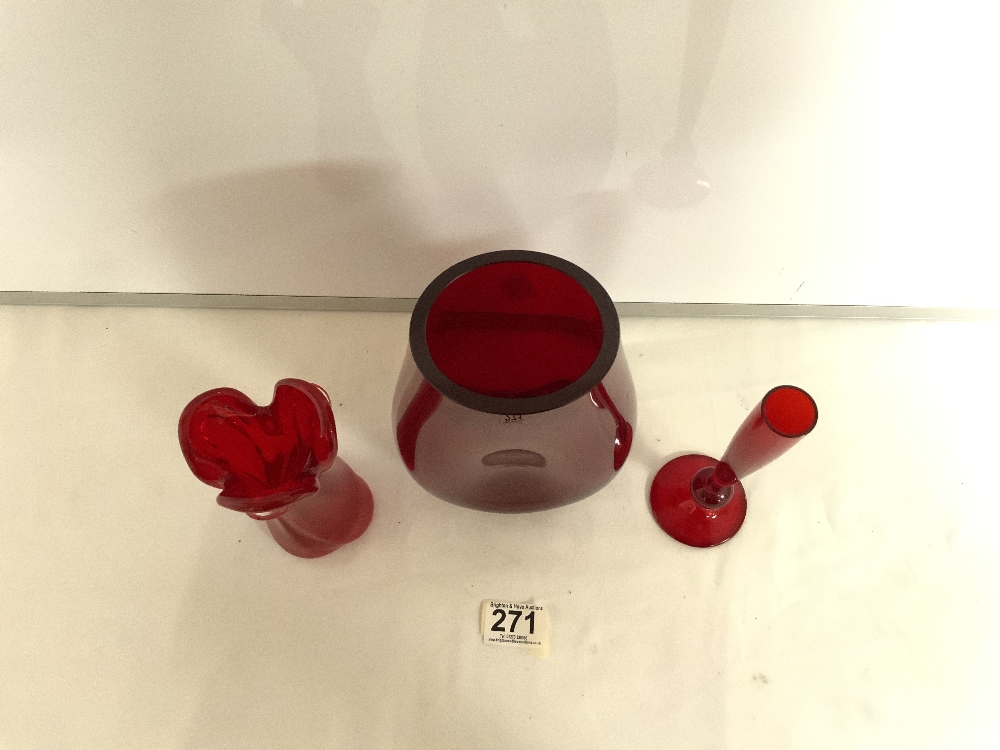 THREE PIECES OF RUBY RED GLASS VASES LARGEST 22CM - Image 2 of 3