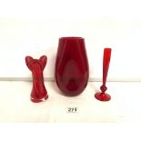 THREE PIECES OF RUBY RED GLASS VASES LARGEST 22CM