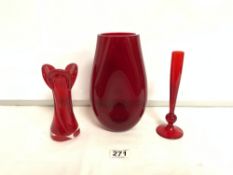 THREE PIECES OF RUBY RED GLASS VASES LARGEST 22CM