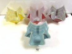 FOUR 1950S COLOURED GLASS HANDKERCHIEF BOWLS 17 CMS