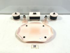 A 1950S ITALIAN BAKELITE PINK AND BLACK DRESSING TABLE SET, FIVE PIECE