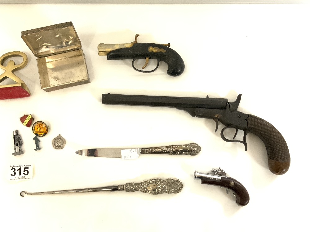 ANTIQUE PISTOL, DAGGER IN SCABBARD, HALLMARKED SILVER HANDLED BUTTON HOOK, A PISTOL LIGHTER, ETC. - Image 6 of 8