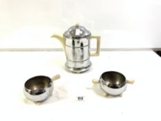 ART DECO CHROME INSULATED COFFEE POT WITH MATCHING SUGAR AND CREAM MARKED PBB