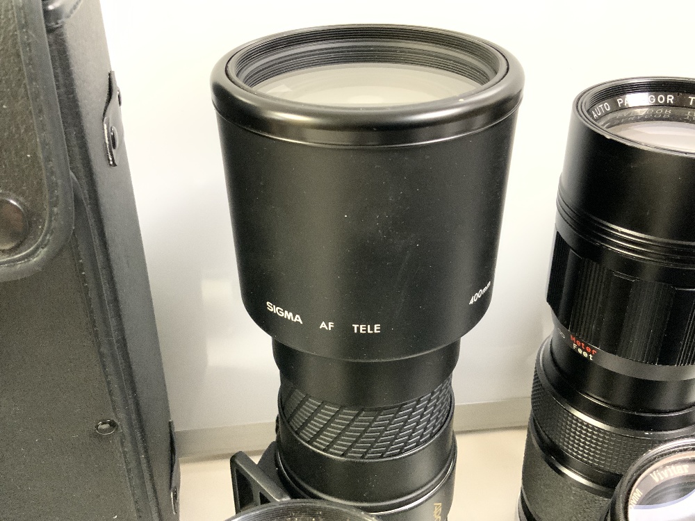 QUANTITY OF CAMERA LENSES INCLUDES SIGMA AF TELE,400MM1:56 A PANAGO AUTO TELELENSE 205MM BELL AND - Image 8 of 10
