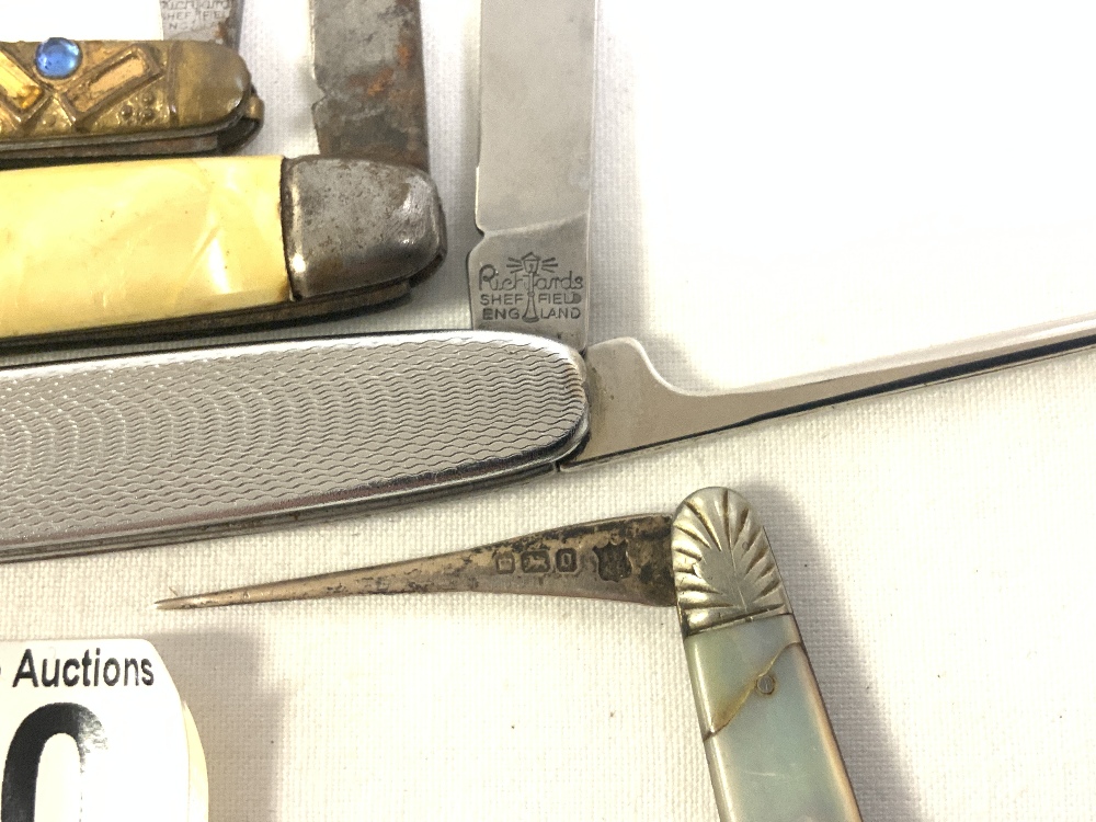 MOTHER O PEARL AND SILVER TOOTHPICK, PIPE SMOKERS POCKET KNIFE, AND FIVE OTHER POCKET KNIVES VARIOUS - Image 2 of 7