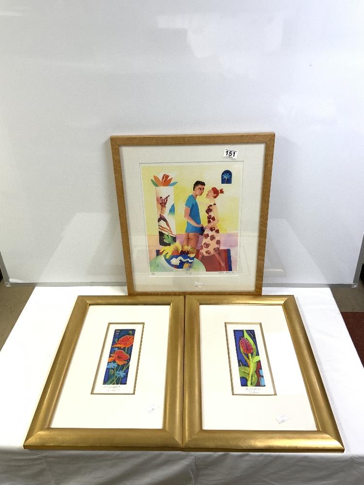 SIMON BULL - PAIR OF MONOTYPE ETCHINGS OF FLOWERS FRAMED LTD EDITIONS 10 X 24 CM ALSO LTD EDITION