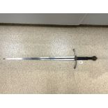 A MEDIEVAL RE- ENACTMENT HAND AND HALF SWORD. BLADE 88 CMS.