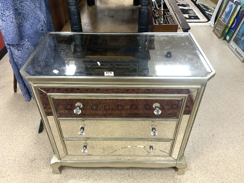 A MIRRORED GLASS CHEST OF THREE DRAWERS, AF, 91 X 51 X 92CM