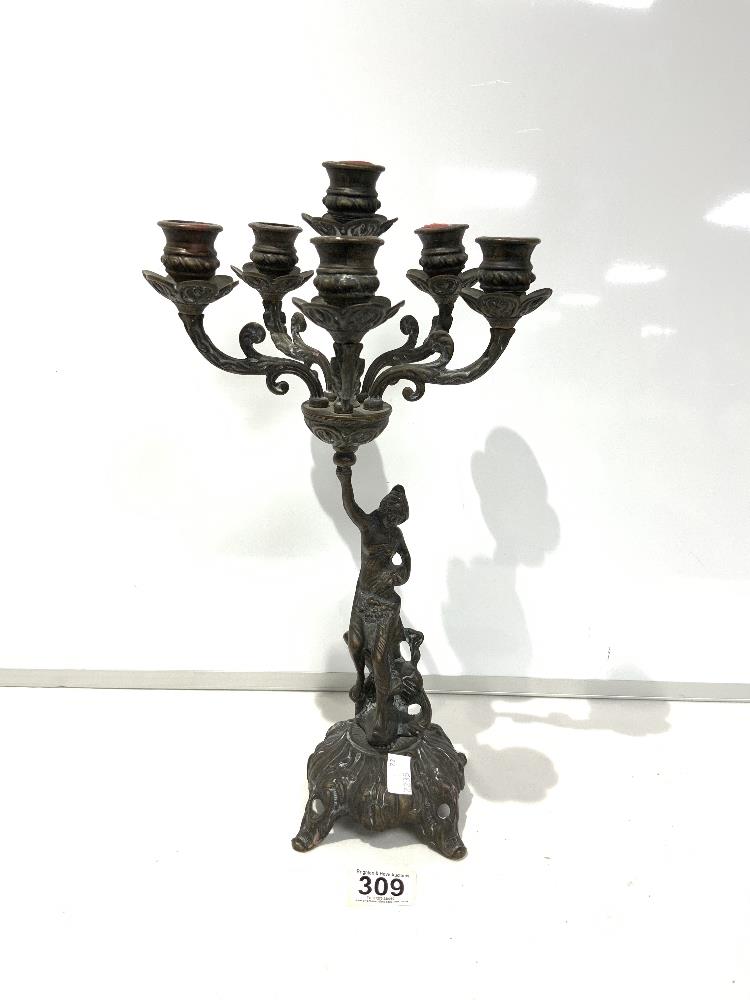 A TWENTIETH-CENTURY BRASS LADY FIGURAL SIX-BRANCH CANDELABRUM, IN THE ART NOUVEAU STYLE. 43 CMS.