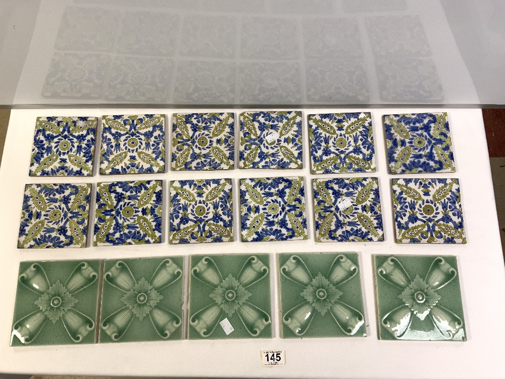 EIGHT GREEN GLAZED DECORATIVE TILES AND TWELVE FIANCE-STYLE GLAZED TILES - Image 5 of 7