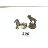 A BRONZE RETRIEVER CAR MASCOT 6.5CMS AND A WHITE METAL HORSE