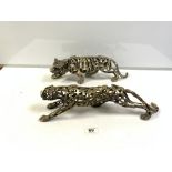 TWO BRASS EFFECT MODELS OF A TIGER AND LEOPARD MADE FROM RESIN 45CM