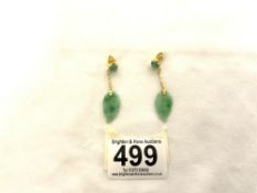 A PAIR OF GREEN JADE AND YELLOW METAL EARRINGS, IN ORIGINAL BOX BY, WING ON CO. LTD. I POH.