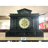 LARGE VICTORIAN EBONISED MANTEL CLOCK SIMULATING BLACK SLATE WITH GREEN VARIEGATED MARBLE IN AN