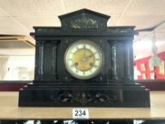 LARGE VICTORIAN EBONISED MANTEL CLOCK SIMULATING BLACK SLATE WITH GREEN VARIEGATED MARBLE IN AN