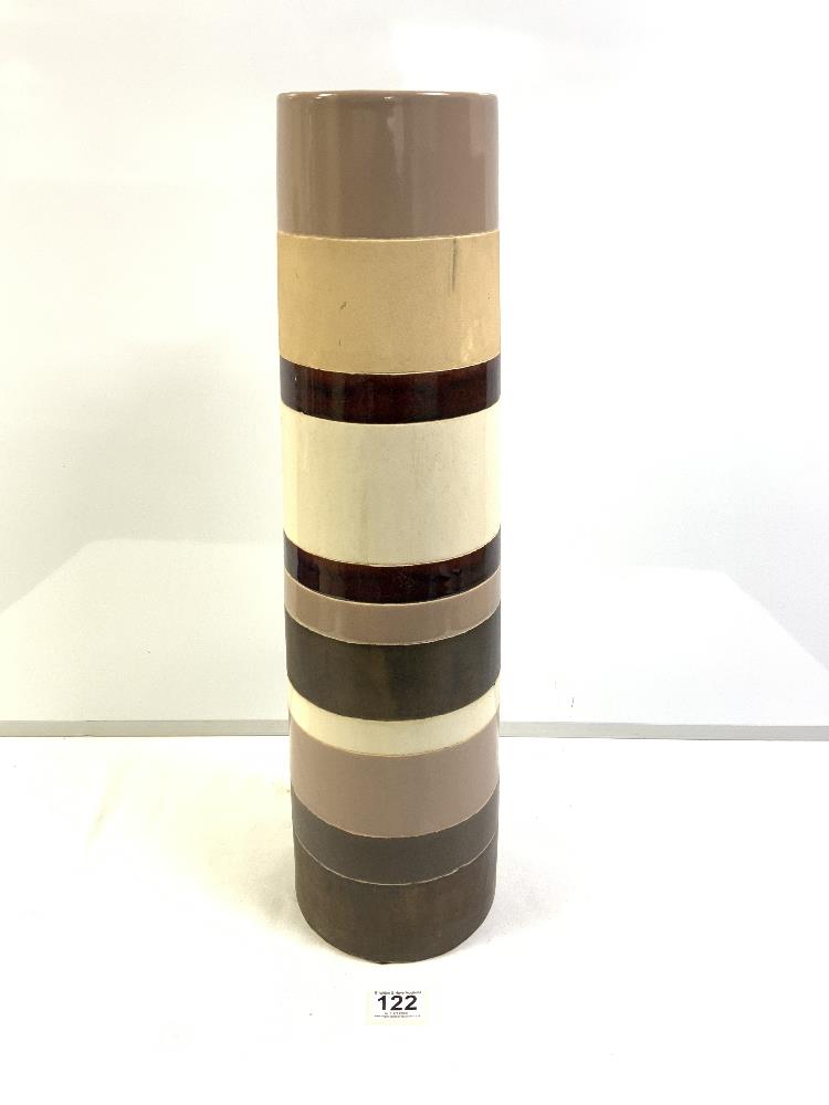 A TALL CYLINDRICAL FIVE-COLOURED GLAZED POTTERY VASE 58 CM