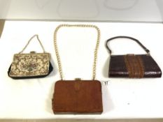 CROCODILE SKIN HANDBAG WITH A SNAKESKIN HANDBAG AND A TAPESTRY HANDBAG