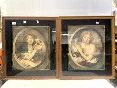 A PAIR OF FRAMED COLOURED ENGRAVINGS OF YOUNG GIRLS WITH SHEEP AND OTHER BIRDS 50 X 58 CM