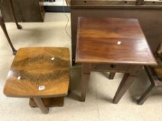 ART DECO BURR WALNUT TWO TIER OCCASIONAL TABLE. 50X46, AND A SQUARE MAHOGANY TABLE ON TAPERING LEGS.