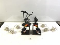 PAIR OF PAINTED IRON TOUCAN BOOKENDS SIX TEA GLASSES BRONZED EFFECT ROMAN SOLDIER WITH A METAL