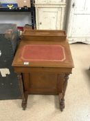 VINTAGE DAVENPORT DESK WITH RED TOOLED LEATHER WITH DECORATIVE INLAY AND FOUR DRAWERS