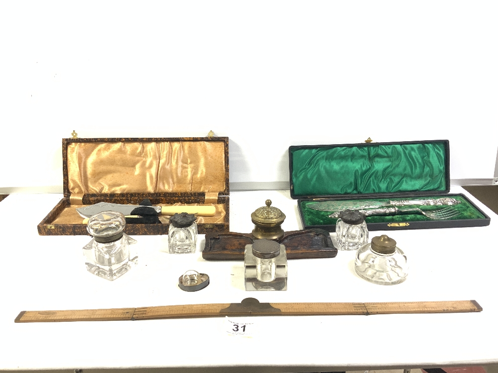 TWO CASED SETS OF FISH SERVERS, A VICTORIAN DOUBLE INK STAND, THREE GLASS INKWELLS, - Image 3 of 7