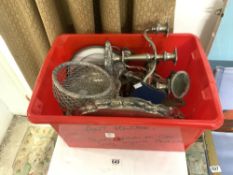 BOX OF SILVER PLATE ITEMS INCLUDES CANDLESTICKS AND MORE