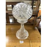 A CUT GLASS MUSHROOM SHAPED TABLE LAMP, 40CMS.