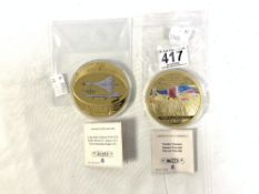 TWO 22CT GOLD-PLATED COMMEMORATIVE MEDALS FOR VE DAY AND CONCORDE