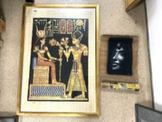 EGYPTIAN PAINTING ON PAPYRUS, SIGNED KHEDR, 65X95, AND A PORTRAIT ON UNFRAMED PAPYRUS.