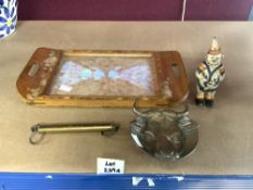 VINTAGE BUTTERFLY TRAY WITH A METAL FIGURE MONEY BOX AND SALTER SCALES AND BRASS BULL DISH