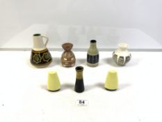 1960S HORNSEA VASE WITH THREE OTHER VASES AND A 1960S GAYDON SALT AND PEPPER