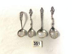 FOUR NORWEGIAN 830 SILVER CADDY SPOONS WITH PIERCED TERMINALS, 75 GRAMS