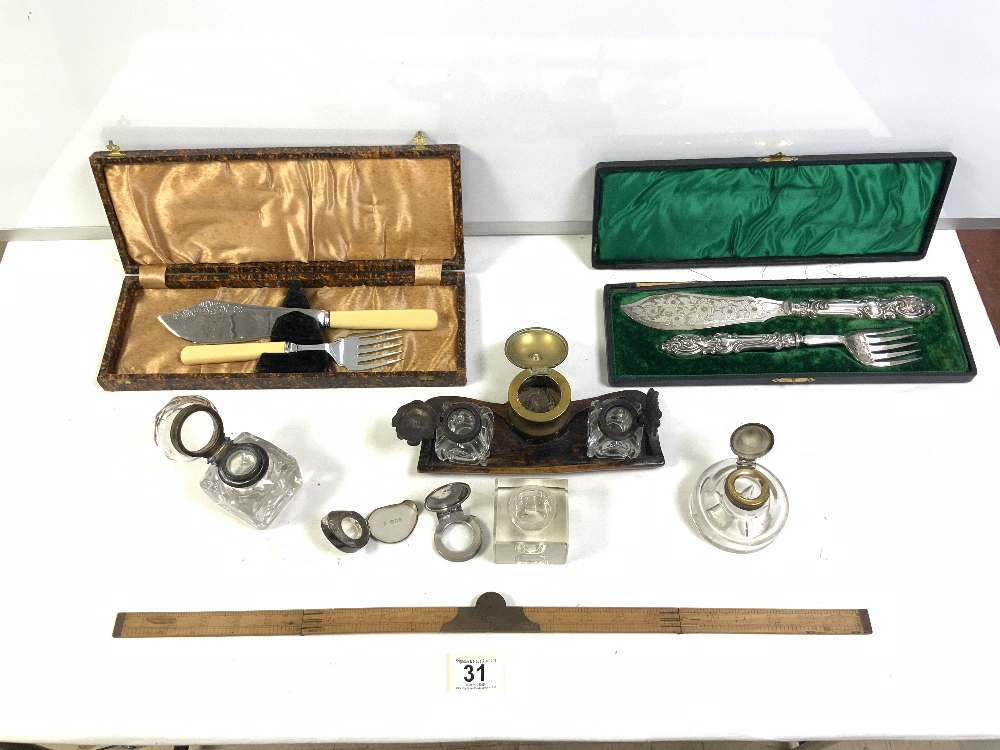 TWO CASED SETS OF FISH SERVERS, A VICTORIAN DOUBLE INK STAND, THREE GLASS INKWELLS, - Image 2 of 7